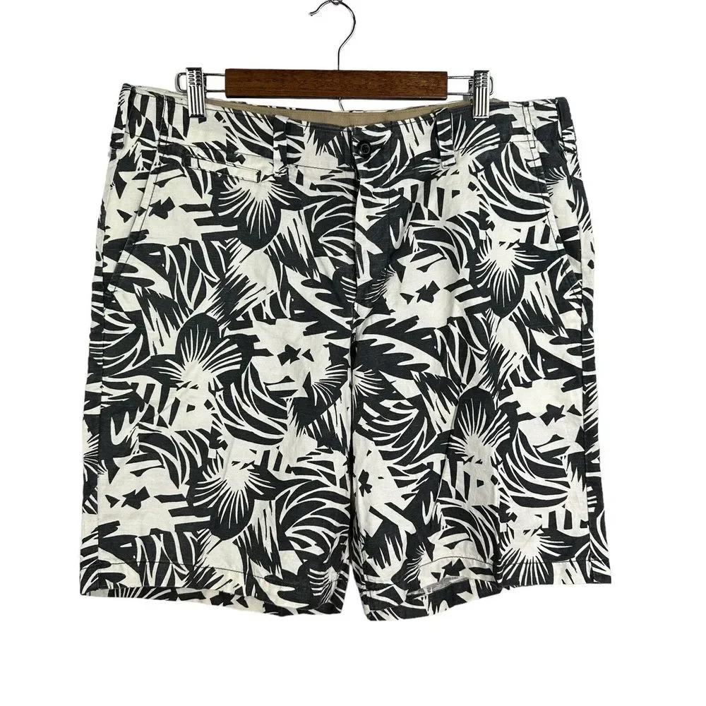 GAP The Lived-In Shorts NWT Linen Blend Gray White Floral Flat‎ Front Men's 36